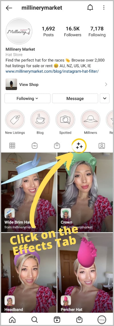 how to access millinery market virtual hat filters