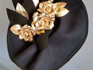 For Sale: Navy and Black felt with Rose Gold leather Roses