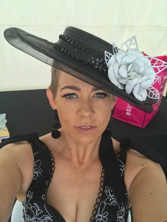 Black boater with white leather flowers Millinery Market