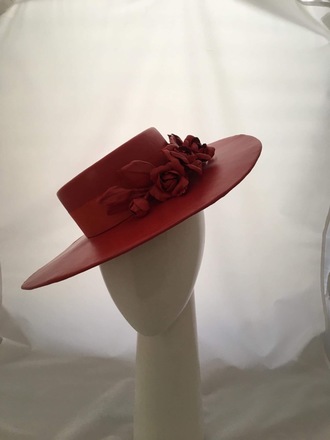 Red leather boater with changeable flowers