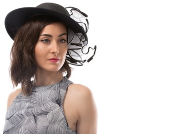 For Sale: Black wide brimmed hat with Organza ruffles