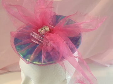 For Sale: Pink organza  blue metallic headpiece 