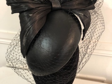 For Rent: Black Leather Box Percher with Veiling - by Millinery by Mel