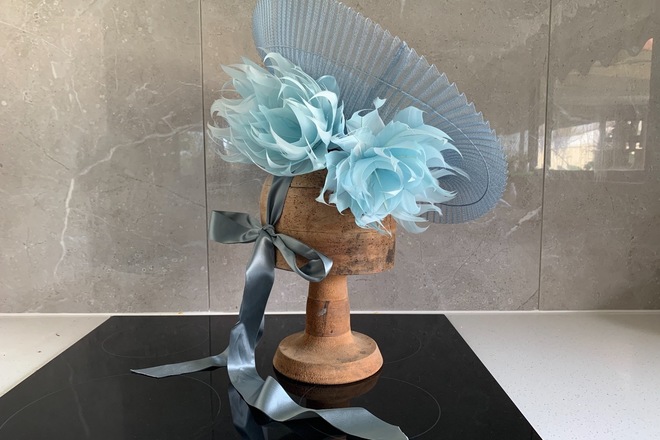Blue Crinoline Swirl Hat with feathers