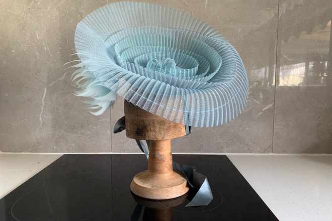 Blue Crinoline Swirl Hat with feathers