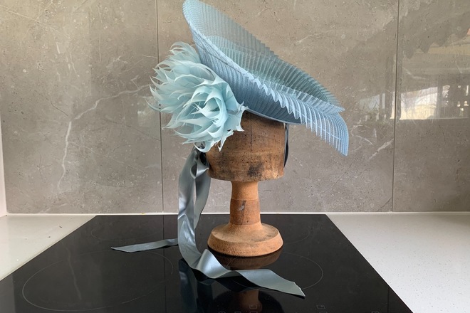 Blue Crinoline Swirl Hat with feathers
