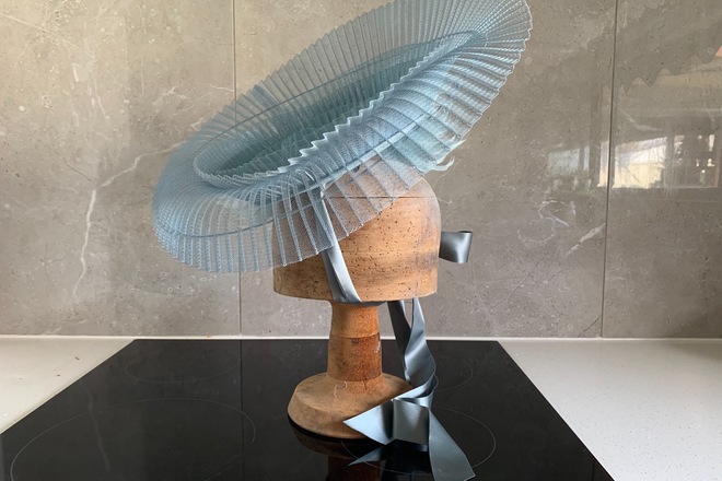 Blue Crinoline Swirl Hat with feathers