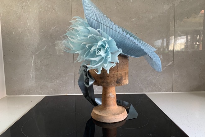 Blue Crinoline Swirl Hat with feathers