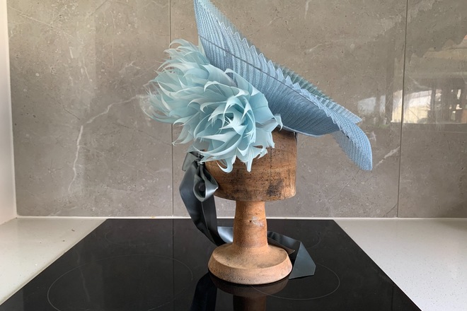 Blue Crinoline Swirl Hat with feathers