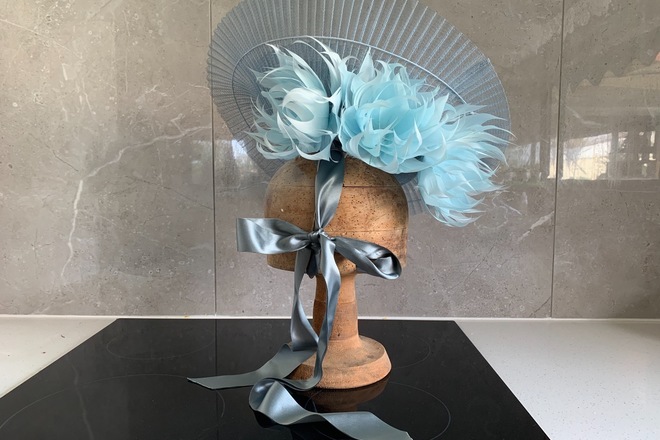 Blue Crinoline Swirl Hat with feathers