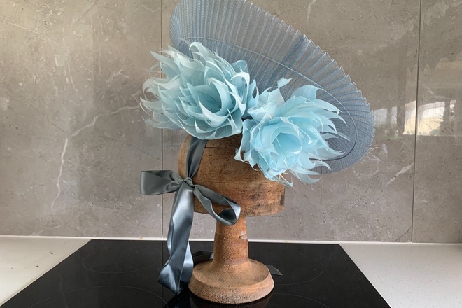 Blue Crinoline Swirl Hat with feathers