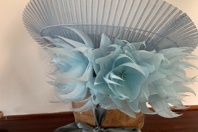 Blue Crinoline Swirl Hat with feathers