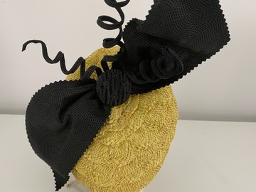 For Sale: Yellow straw with black leather bow Pill Box