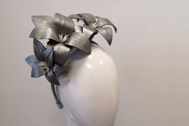Lilies Afloat Headband in Gunmetal Leather