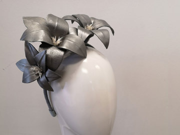 For Sale: Lilies Afloat Headband in Gunmetal Leather