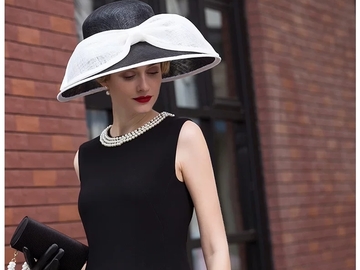 For Sale: Classic Black and White Wide Brimmed Hat with Big Bow