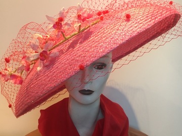 For Sale: Large pink straw Dior brim hat with veiling and flowers