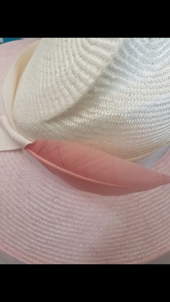 Hello Ladies pink white feather fedora by millinery jill