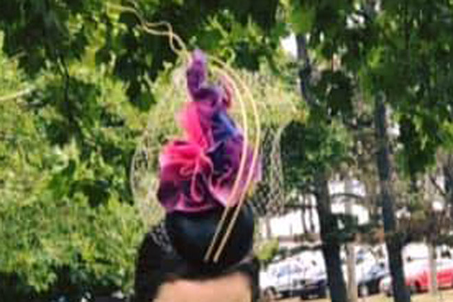 "Prism" RH millinery - Purple, pink and Black percher.