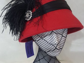 For Sale: Red wool felt cloche with black silk, ostrich tuft & bling