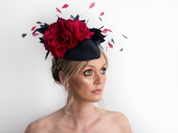 For Sale: Navy and Fuchsia parasisal silk floral headpiece
