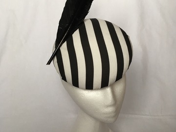 For Sale: Black and white striped pillbox hat with a goose feather det