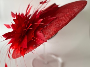 For Sale: Red Hat trimmed with Feather Flower 