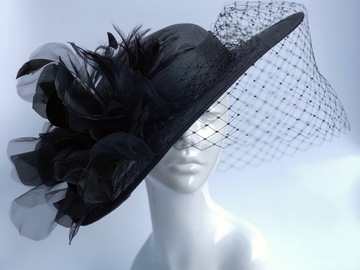 For Sale: Black Wide Brim Sinamay Hat with Large Flower
