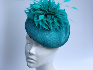 For Sale: Turquoise Hat with Feather Flower
