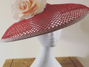 For Sale: Red textured straw hat with nude colour petersham and large 