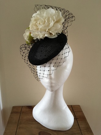 Black Sinamay Pillbox hat with cream 