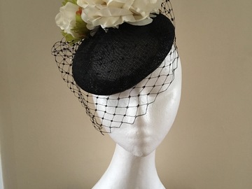 For Sale: Black Sinamay Pillbox hat with cream flower and black veilin