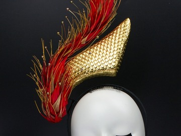 For Sale: Flaming Red with Gold Feather Floating Headpiece