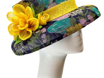 For Sale: Sinamay Hat "Audrey" in Navy & Gold Floral Print