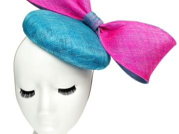 For Sale: Sinamay Big Bow Button Fascinator Hat - Aqua Blue/Fuchsia