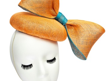 For Sale: Sinamay Big Bow Button Fascinator Hat - Orange/Aqua Blue