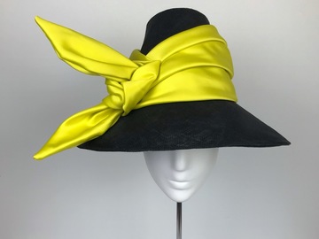 For Rent: Fluro yellow bow on black cartwheel hat