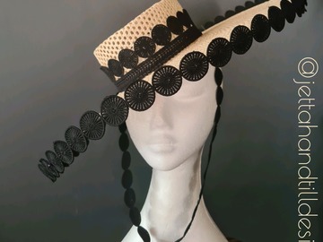 For Sale: Natural Straw Summer Boater & Black Circular Lace