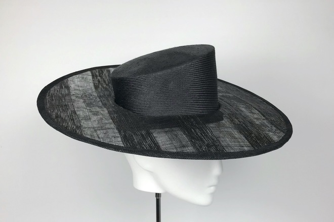 Asymmetrical black boater. - Millinery 