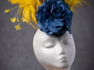 For Sale: Blue silk Rose and Mustard Headturner