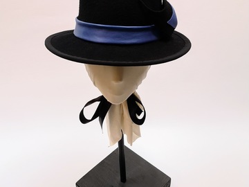 For Sale: Black wool felt and blue leather pork pie hat