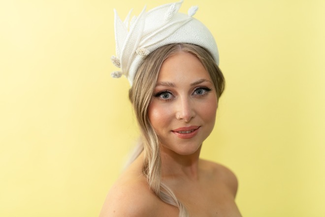 White straw halo with dried flower and rolled petal trim