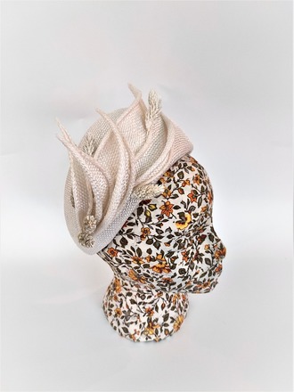 White straw halo with dried flower and rolled petal trim