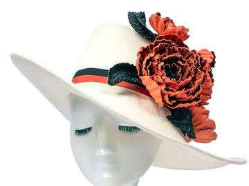 For Sale: Winter White Felt with Sculpted Brim and Leather Flowers