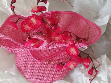 For Sale: Vintage pink straw hat with cherry blossom