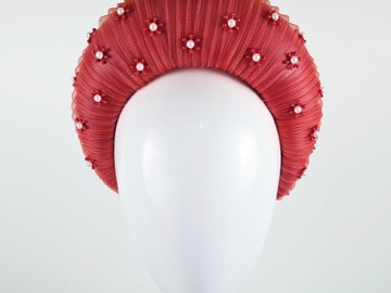 For Sale: Red Embellished Wide Blocked Floral Headband Fascinator - Ol
