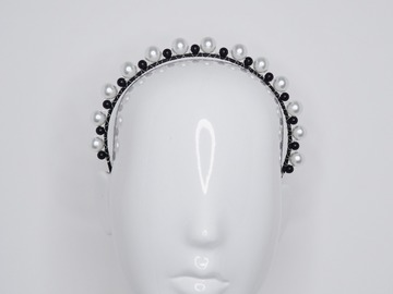 For Sale: Alexa - Black leather headband with Pearl and Black beads 
