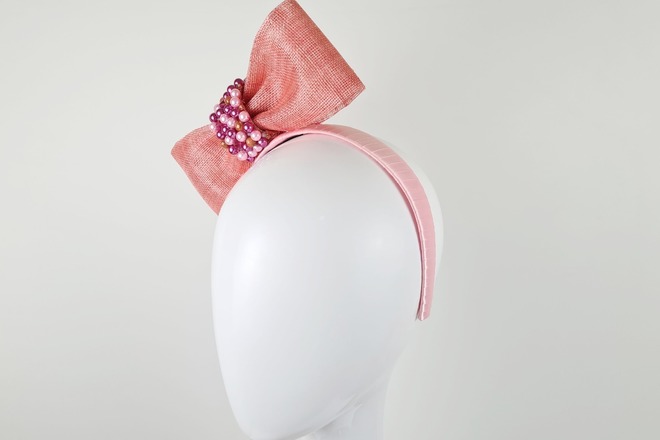 Coral Pink Embellished Fascinator Bow - Emilia