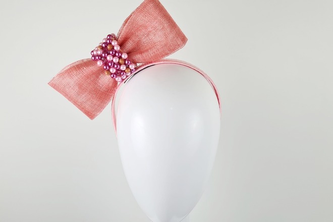 Coral Pink Embellished Fascinator Bow - Emilia
