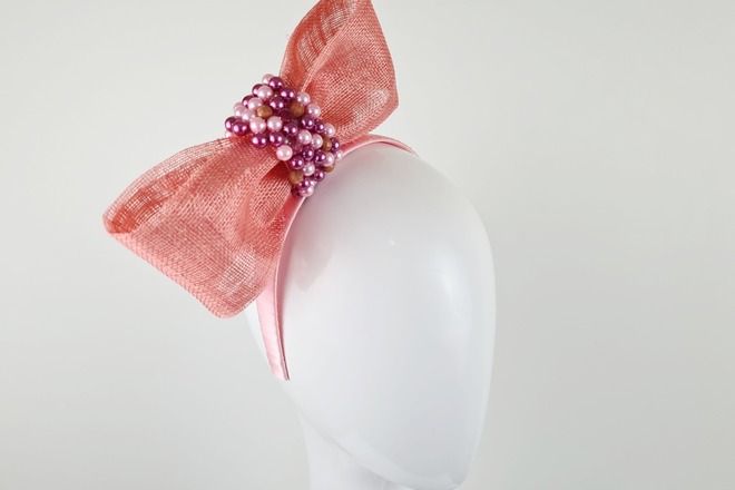 Coral Pink Embellished Fascinator Bow - Emilia